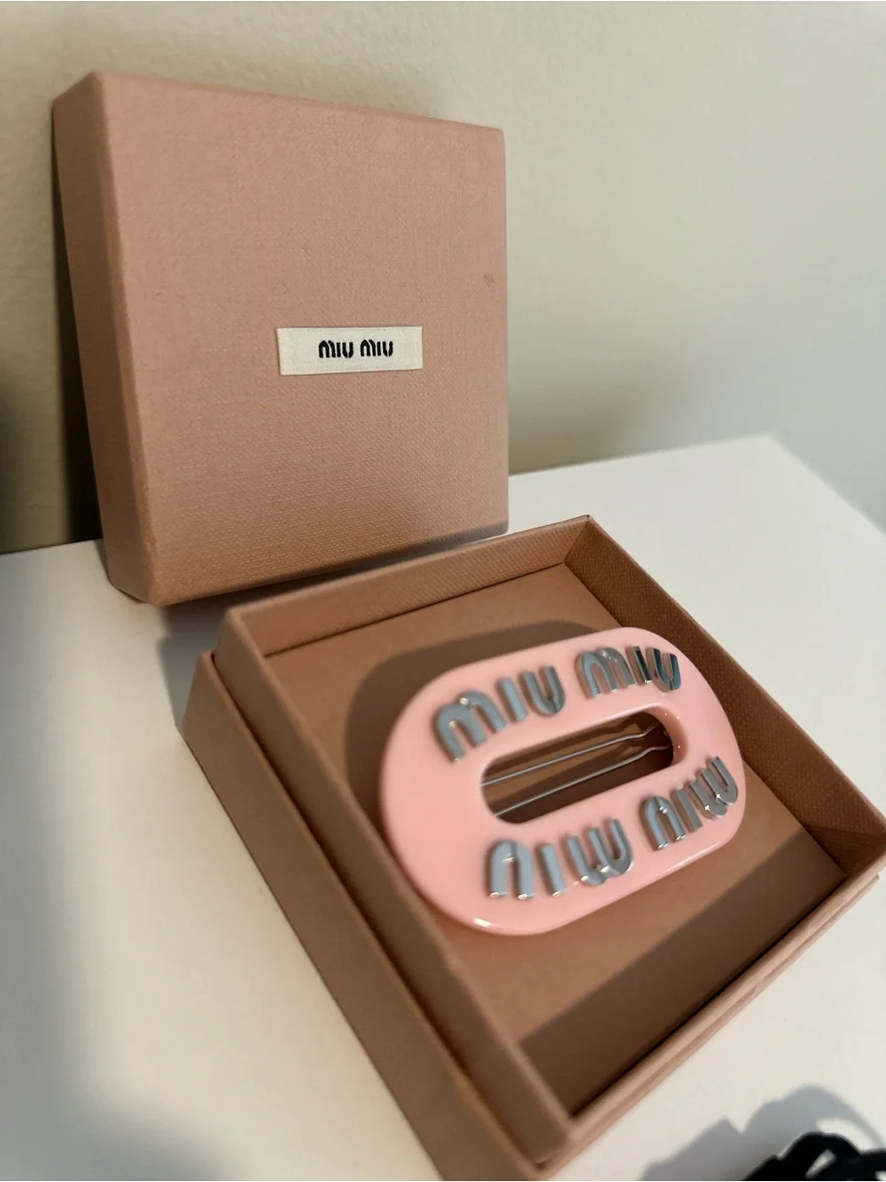 Miu Miu Pink Enamel Logo Hair Clip full inclusion